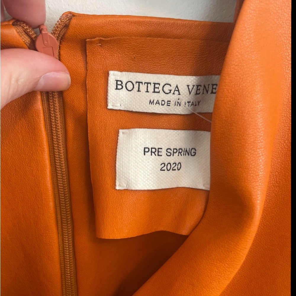 Bottega Veneta Draped Leather Orange Long Sleeve Midi Dress - Picture 6 of 6